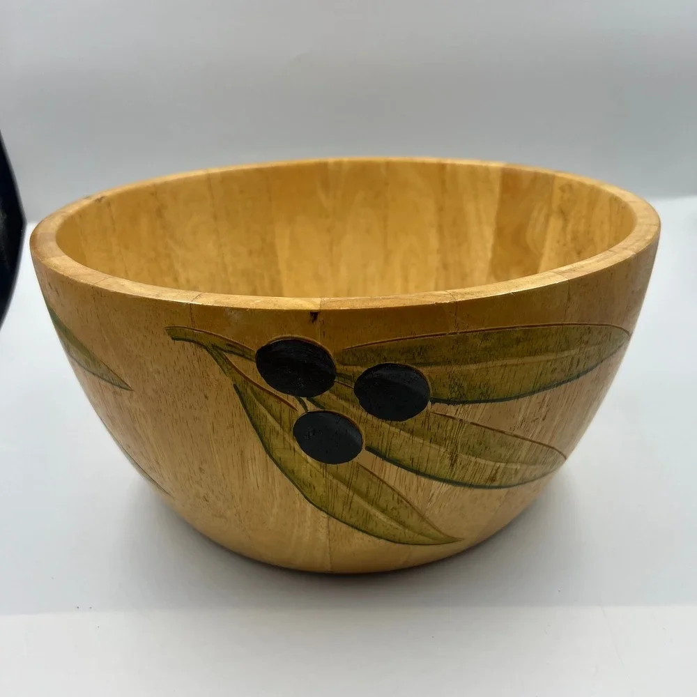 Vintage 2002 Clay Art Handmade Thai Wood Bowl Painted Olive Branch 10 Inch